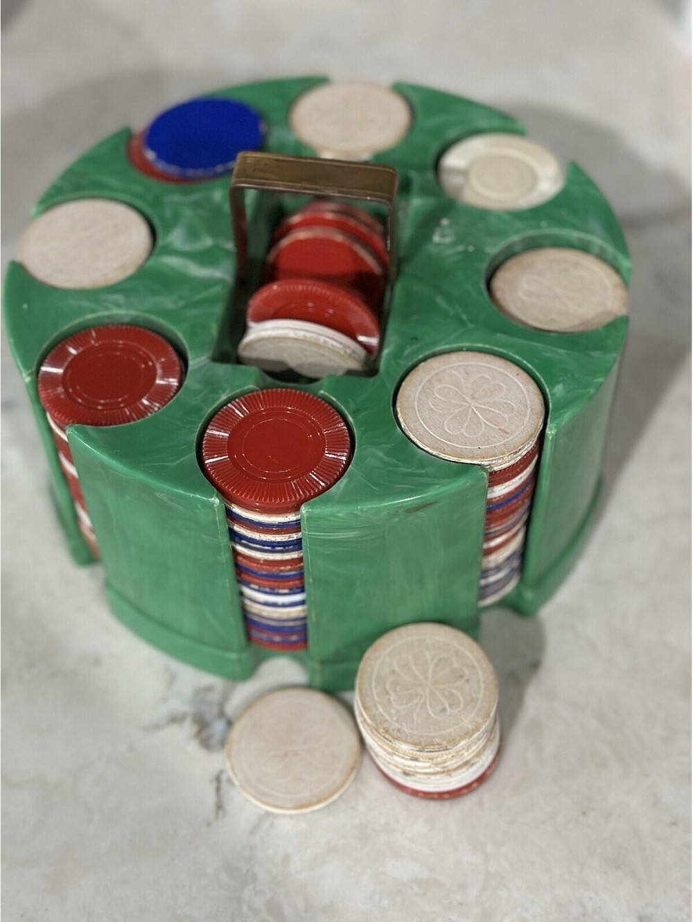 Vintage Green Swirl Plastic Poker Chip Set w/ Rotating Holder Caddy